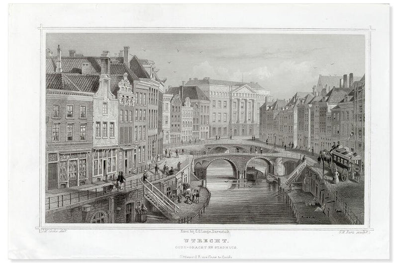 Oudegracht met Stadhuis, Utrecht - Originele gravure uit 1858 - Catch Utrecht